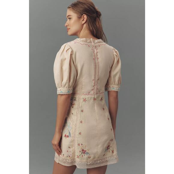 New Anthropologie Linen Blend Puff-Sleeve V-Neck Mini Dress $228 SIZE 12 Neutral - Picture 5 of 6